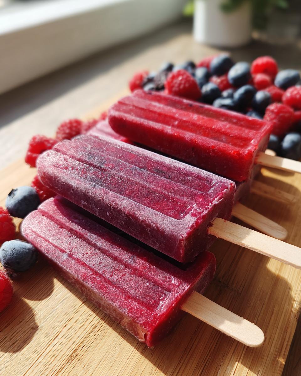 Close-up of homemade berry popsicles with fresh raspberries and blueberries on a wooden board.