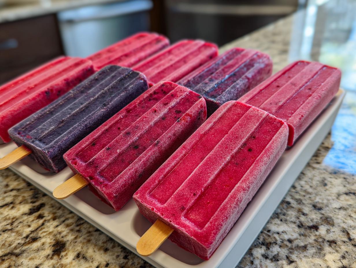 A tray of vibrant red and purple berry popsicles, perfect for Fourth of July desserts.