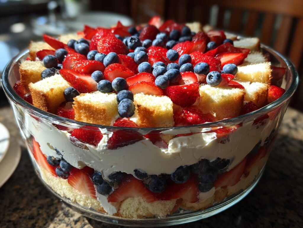 A beautiful Berry Trifle in patriotic layers of strawberries, blueberries, pound cake, and whipped cream, perfect for Fourth of July Desserts.