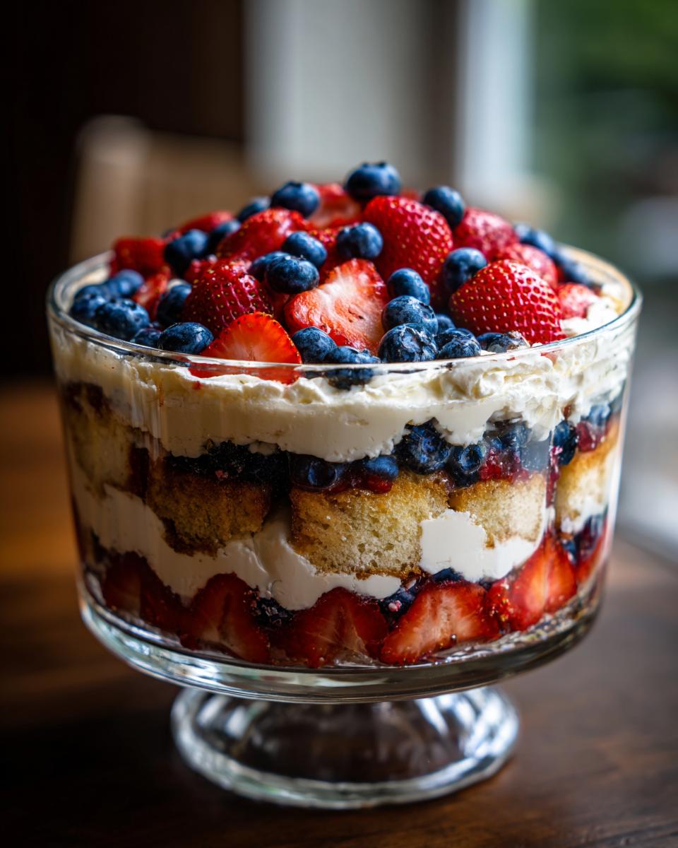 A beautiful Fourth of July dessert featuring a berry trifle with layers of cake, cream, strawberries, and blueberries.