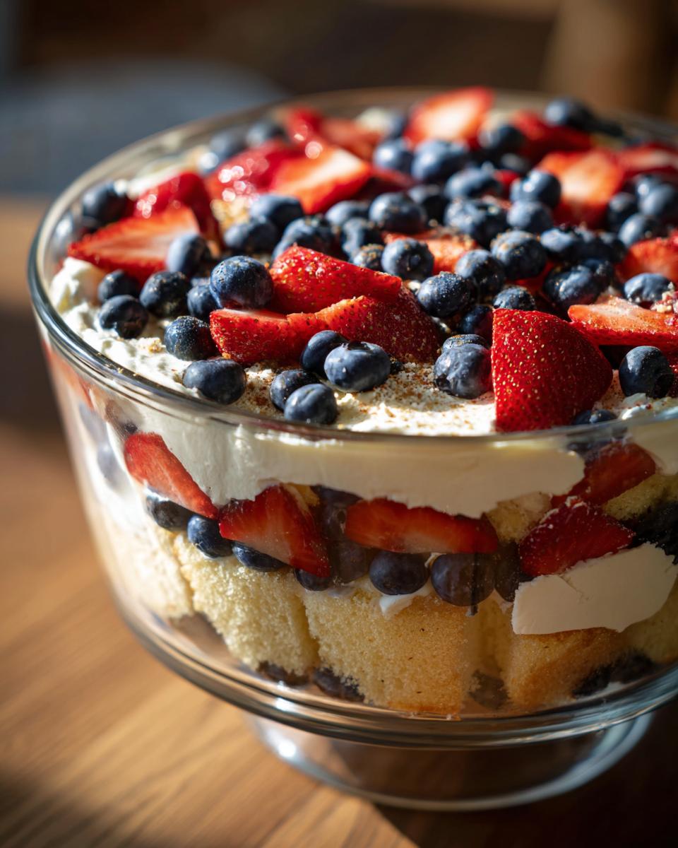 Close-up of a Berry Trifle in patriotic layers of strawberries, blueberries, and cream, perfect for Fourth of July Desserts.