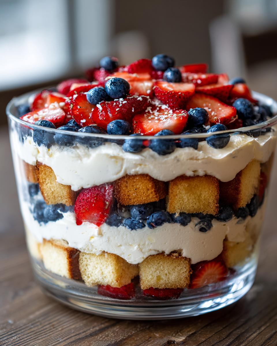 A beautiful Berry Trifle dessert with layers of cake, cream, strawberries, and blueberries, perfect for Fourth of July Desserts.