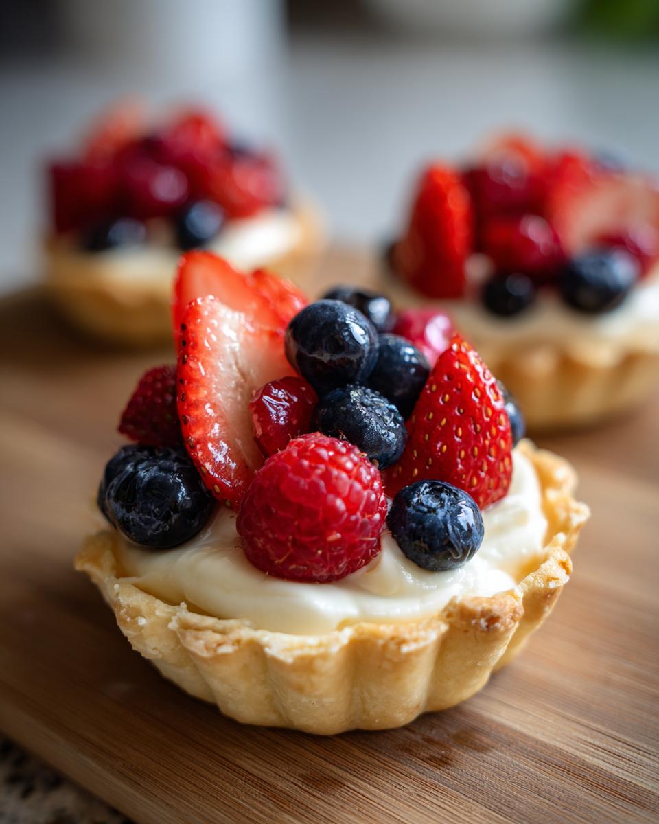 Close-up of a mini tartlet filled with cream and topped with strawberries, blueberries, and raspberries for Fourth of July desserts.