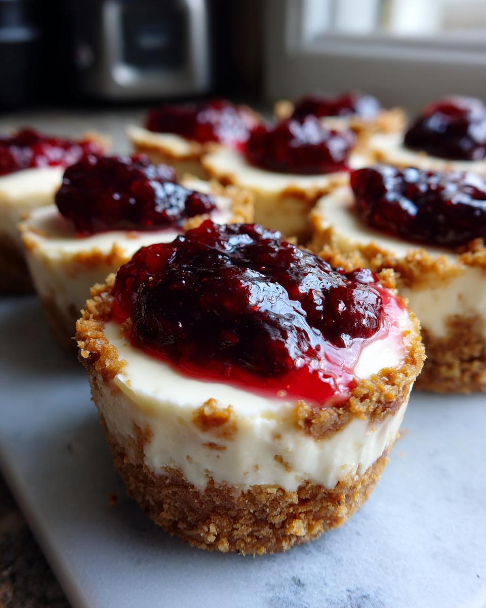 Close-up of no bake cheesecake cups topped with raspberry jam, perfect for Fourth of July desserts.