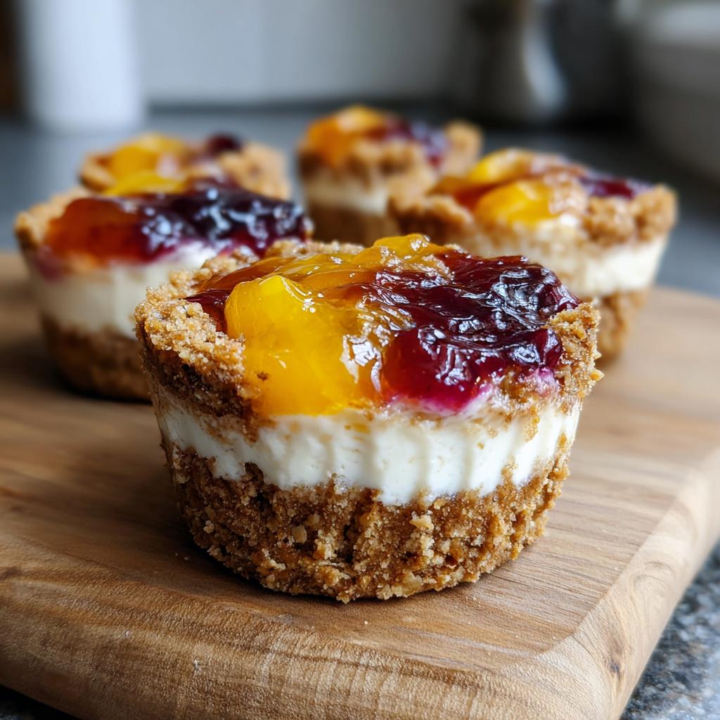 Close-up of no bake cheesecake cups topped with fruit preserves, perfect for Fourth of July desserts.