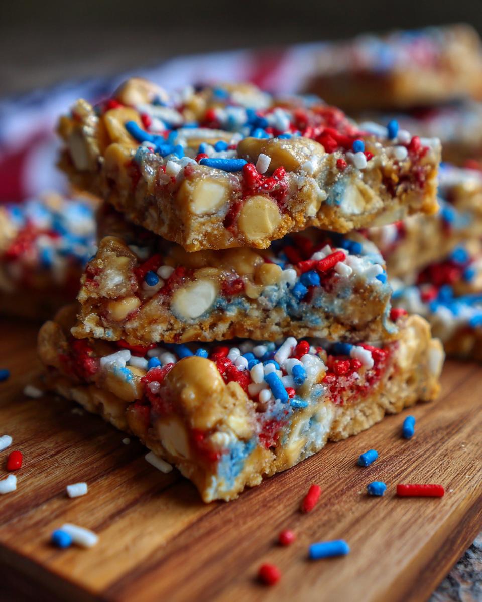 Close-up of stacked Fourth of July desserts: patriotic snack mix bark with red, white, and blue sprinkles and nuts.