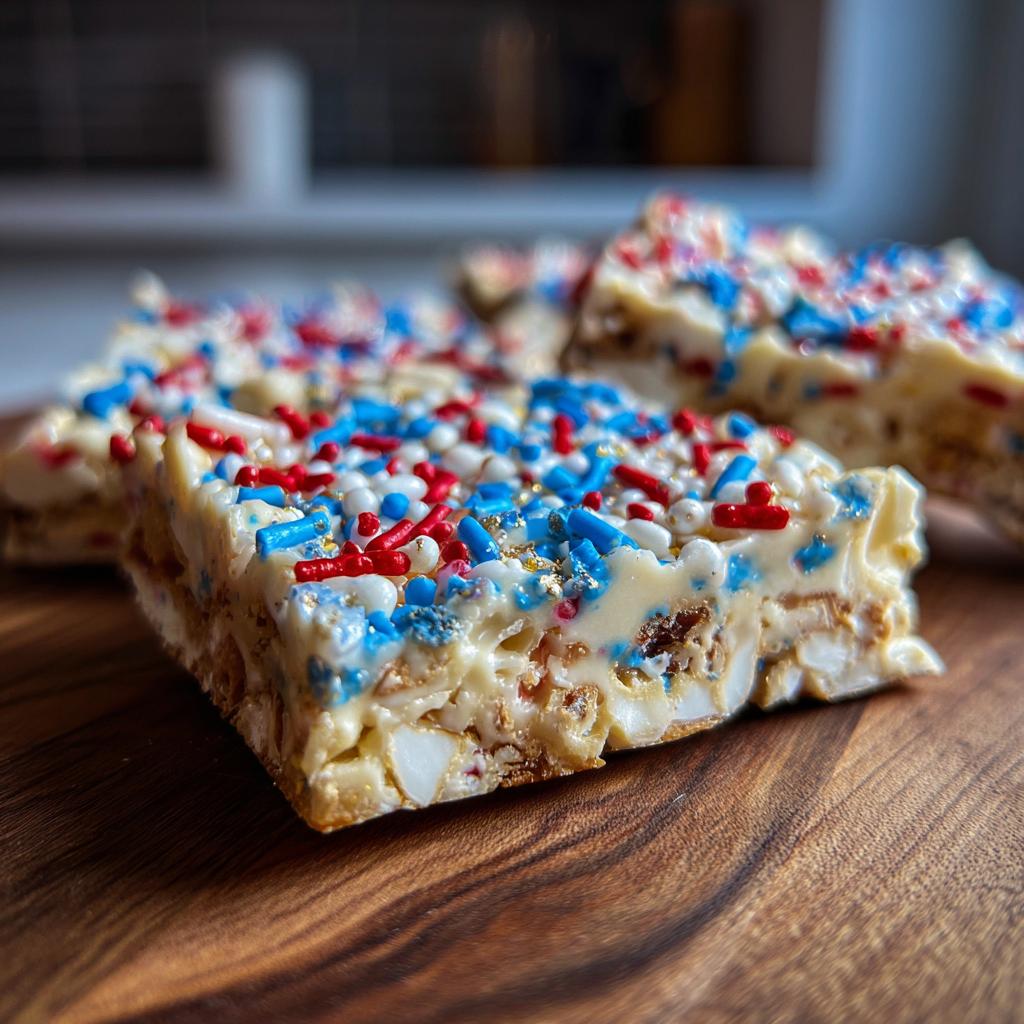 Close-up of a slice of Fourth of July dessert bark, topped with red, white, and blue sprinkles.