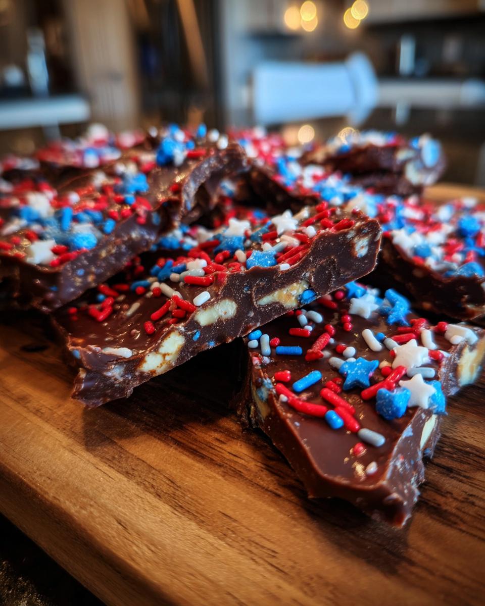 Close-up of Fourth of July Desserts: Patriotic Snack Mix Bark with red, white, and blue sprinkles and star shapes.
