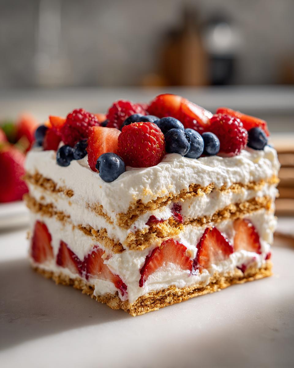 A slice of red, white, and blue icebox cake layered with whipped cream, strawberries, blueberries, and raspberries.