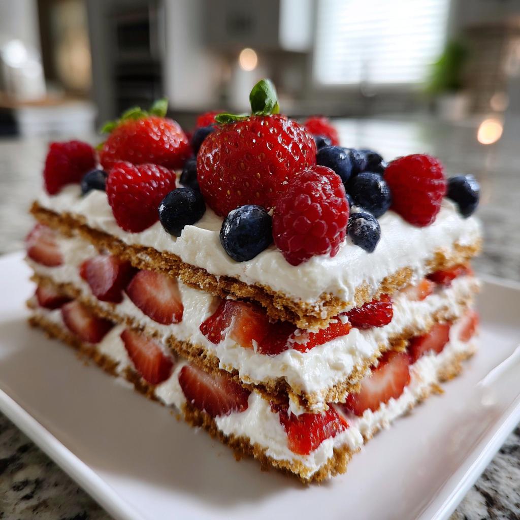 A slice of red, white, and blue icebox cake with layers of graham crackers, whipped cream, strawberries, and blueberries.