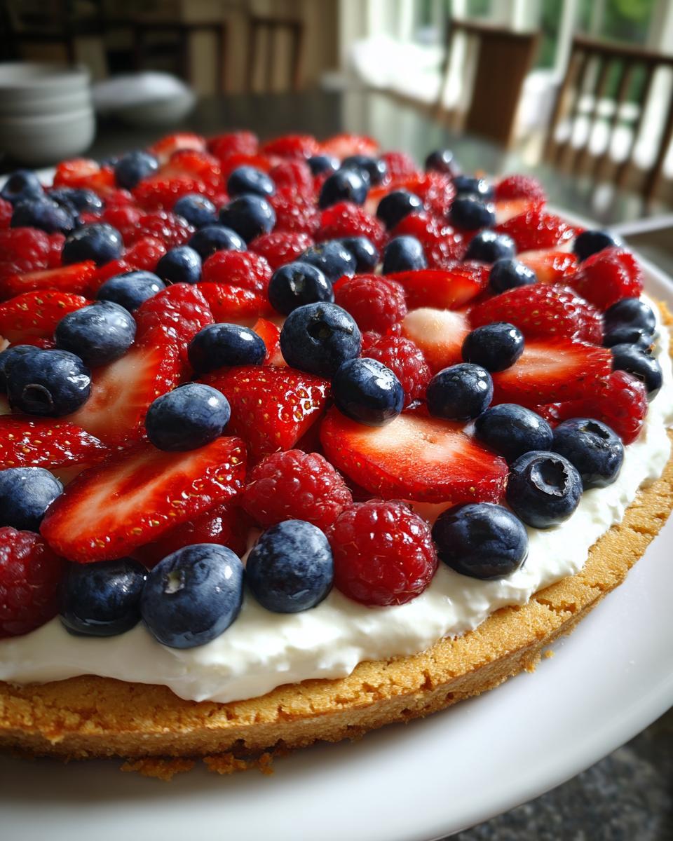 Close-up of a Fourth of July Flag Fruit Pizza on a cookie crust, topped with cream cheese frosting and fresh berries.