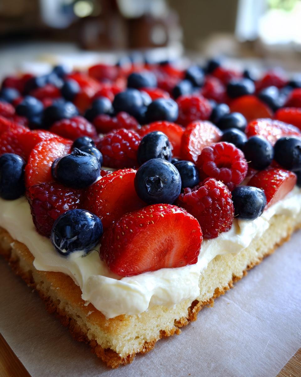 Close-up of a Fourth of July Flag Fruit Pizza on a cookie crust, topped with cream cheese frosting and fresh berries.