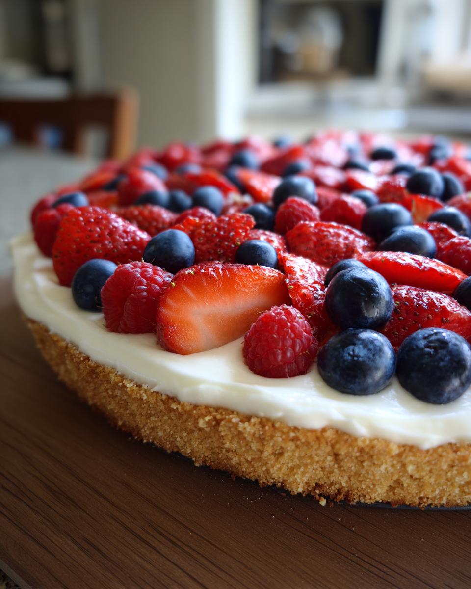Close-up of a Fourth of July Flag Fruit Pizza on a cookie crust, topped with cream cheese frosting and fresh berries.
