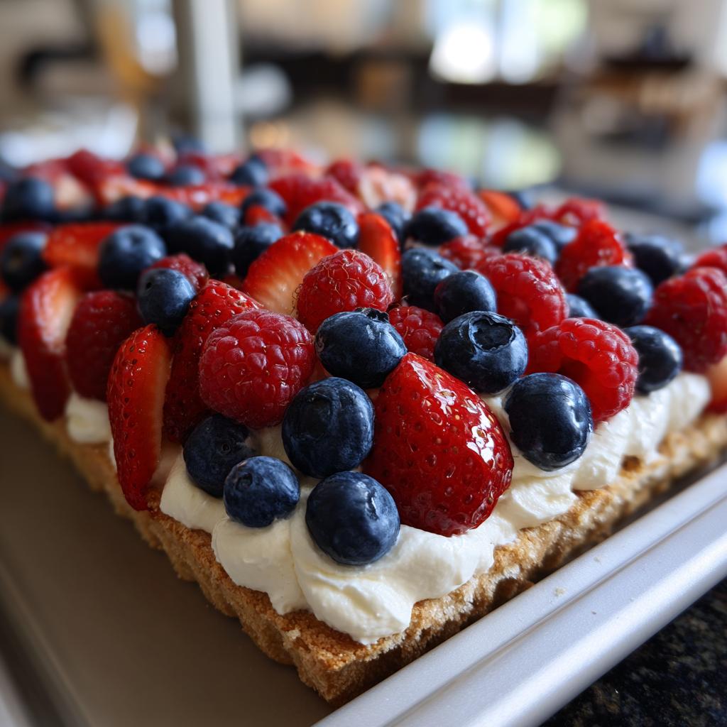 Close-up of a Fourth of July Flag Fruit Pizza on a cookie crust, topped with whipped cream and fresh berries.
