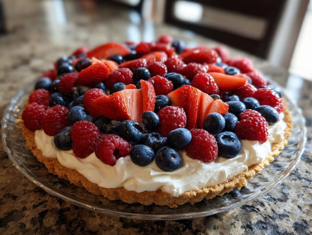 A vibrant Fourth of July dessert: a flag fruit pizza on a cookie crust, topped with whipped cream and fresh strawberries, blueberries, and raspberries.