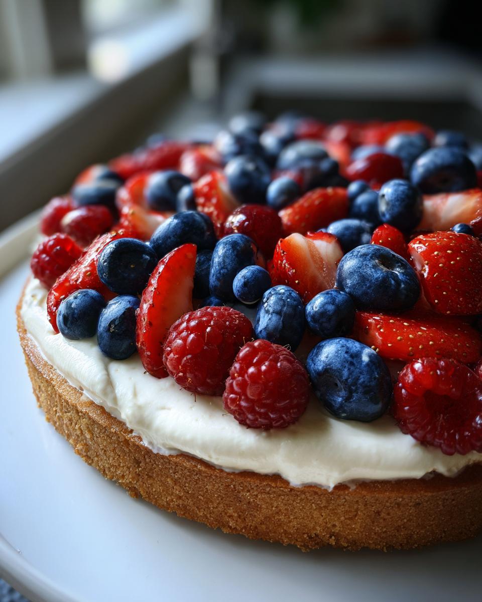 Close-up of a Fourth of July Flag Fruit Pizza with a cookie crust, cream cheese frosting, strawberries, blueberries, and raspberries.