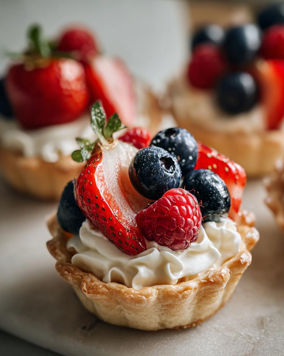 Close-up of a Fourth of July dessert mini tartlet filled with whipped cream and topped with fresh strawberries, blueberries, and raspberries.