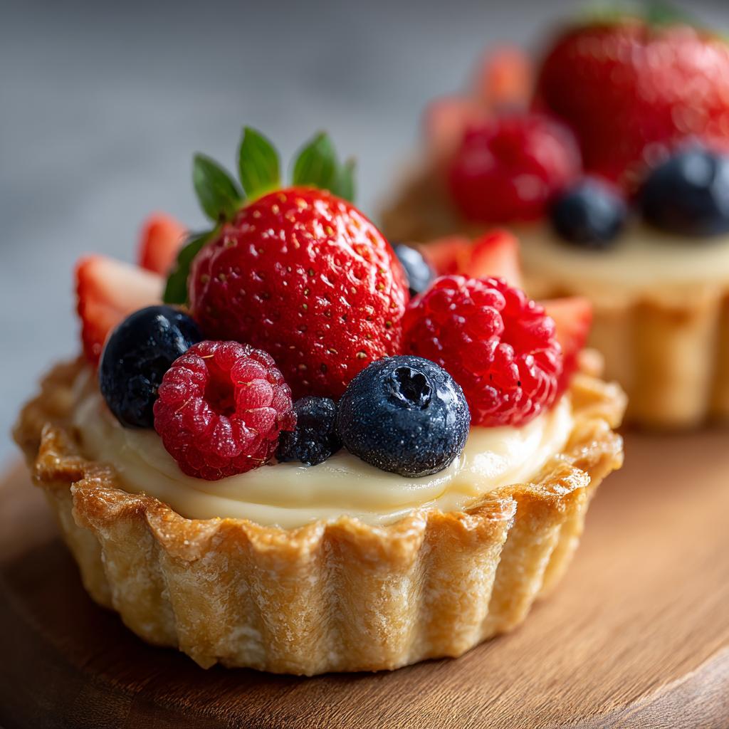 Close-up of a Fourth of July dessert mini tartlet filled with cream and topped with fresh strawberries, raspberries, and blueberries.