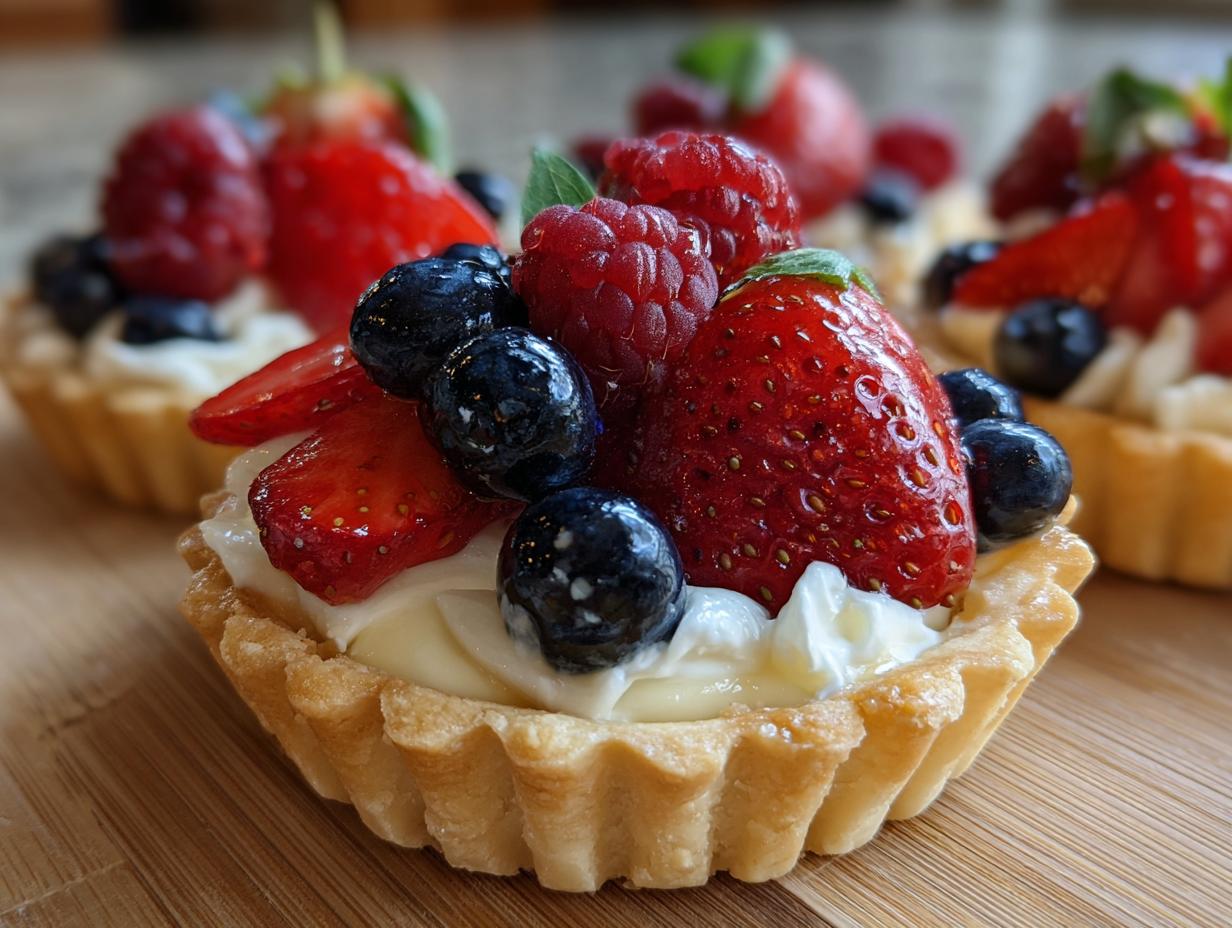 Close-up of a Fourth of July dessert mini tartlet filled with cream and topped with fresh strawberries, blueberries, and raspberries.