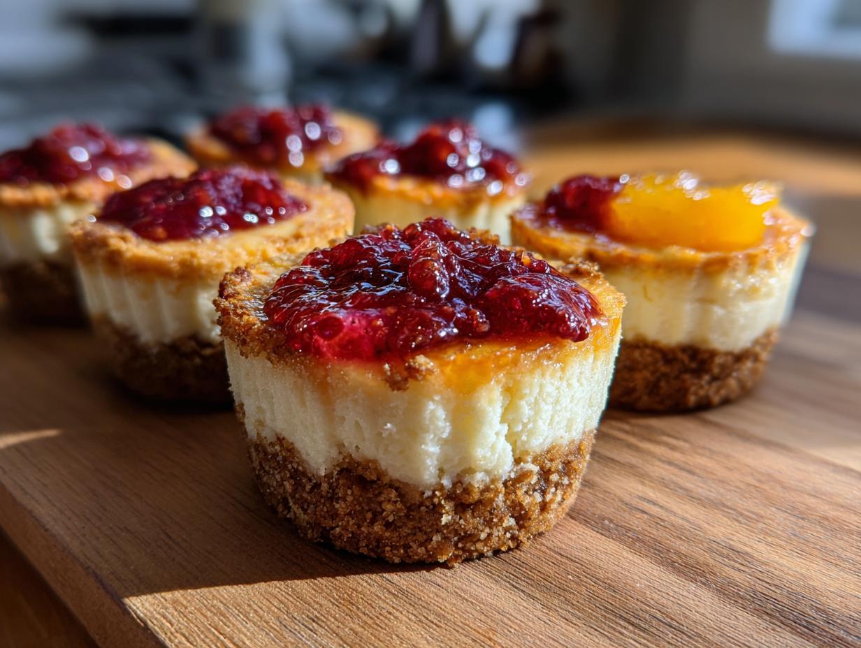 Close-up of no bake cheesecake cups topped with berry compote and a slice of peach, perfect for Fourth of July desserts.