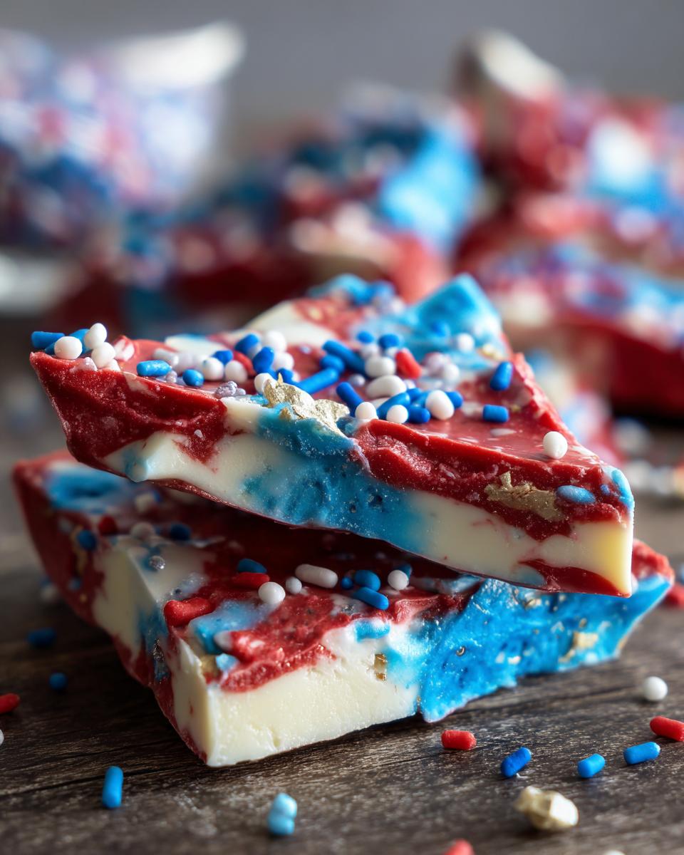 Close-up of triangular pieces of Fourth of July Desserts With Patriotic Snack Mix Bark, swirled with red, white, and blue colors and topped with sprinkles.