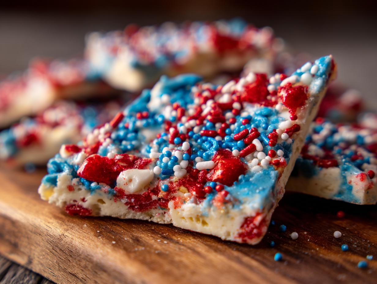 Close-up of triangular pieces of Fourth of July dessert bark, covered in red, white, and blue sprinkles and candy pieces.