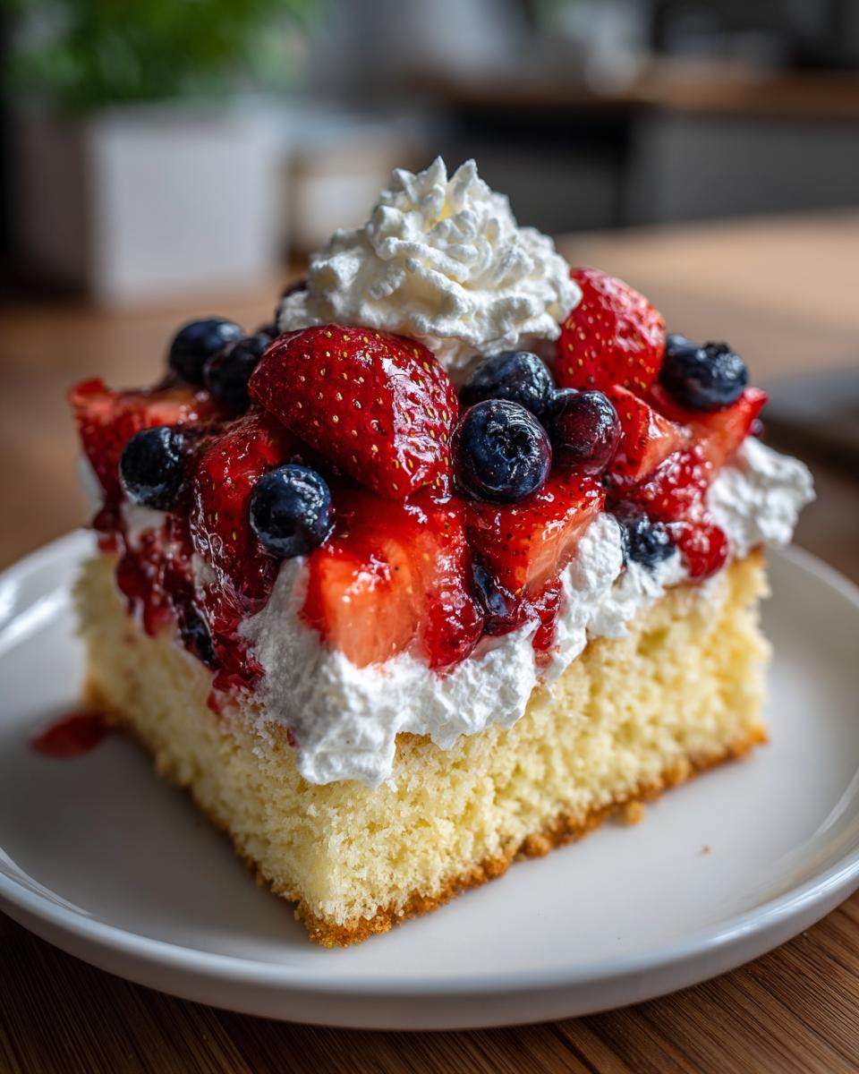 A slice of pound cake topped with whipped cream, strawberries, and blueberries, perfect for Fourth of July desserts.