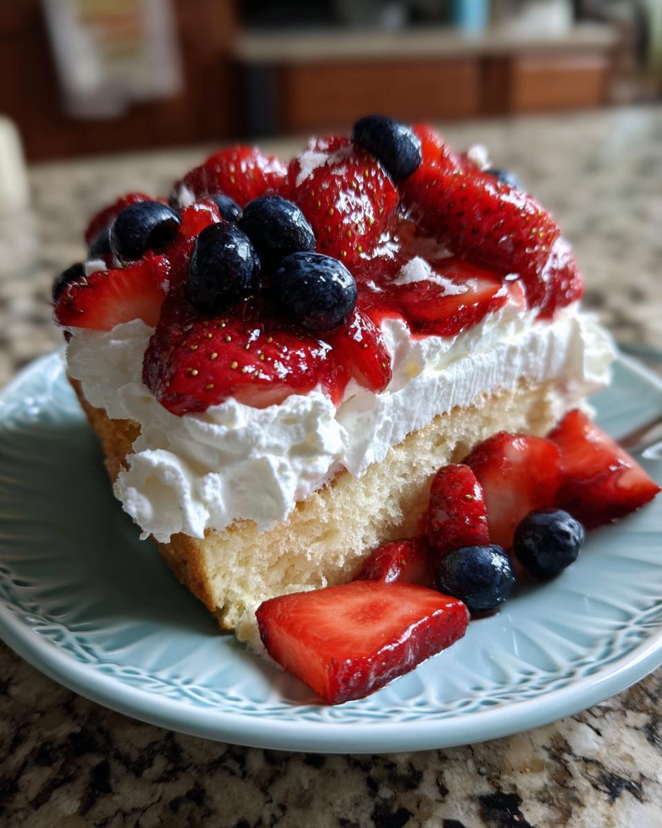 A slice of pound cake topped with whipped cream, fresh strawberries, and blueberries, perfect for Fourth of July desserts.