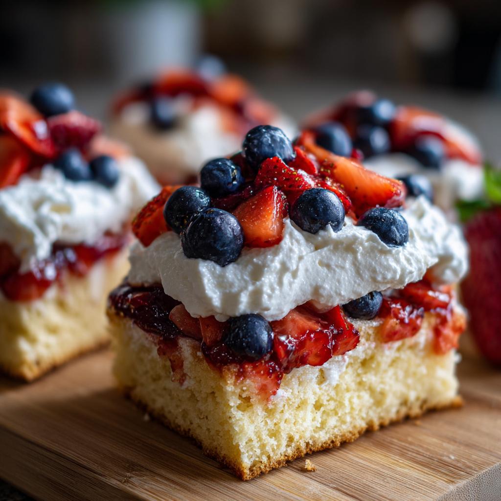 A slice of pound cake berry shortcake topped with whipped cream, strawberries, and blueberries, perfect for Fourth of July desserts.