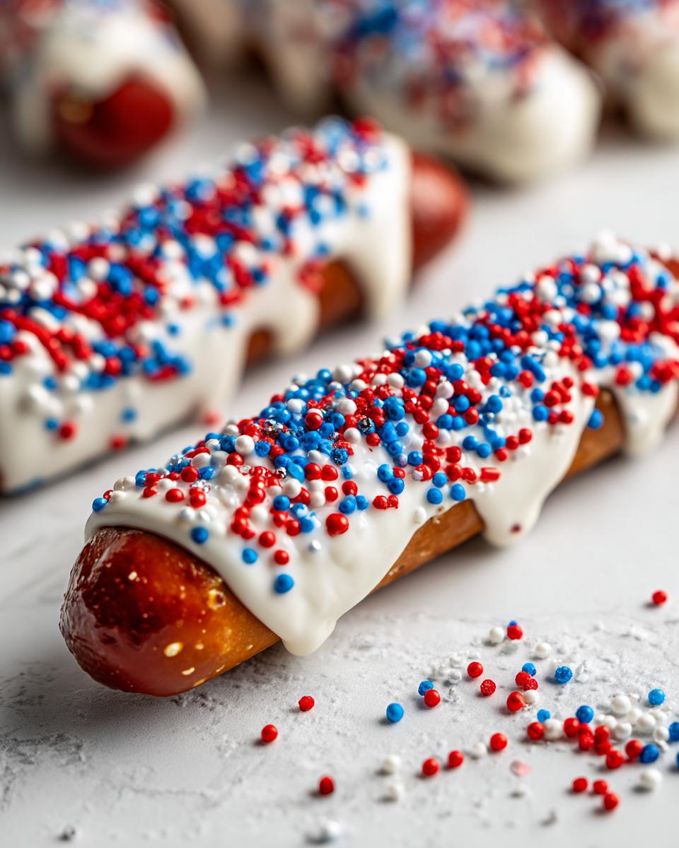 Close-up of festive pretzel treats dipped in white chocolate and covered in red, white, and blue sprinkles for Fourth of July.