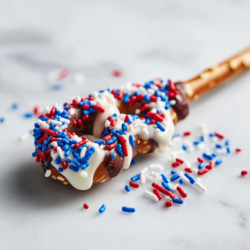 Close-up of a chocolate and white chocolate dipped pretzel rod decorated with red, white, and blue sprinkles, perfect for Fourth of July desserts.