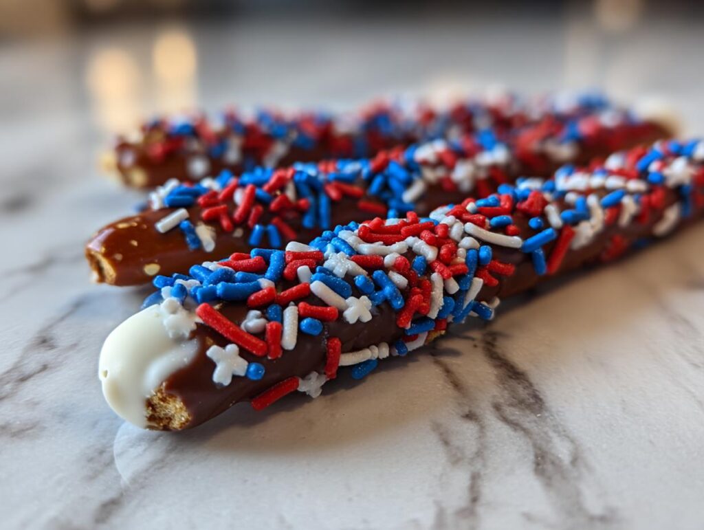 Close-up of chocolate-covered pretzel rods with red, white, and blue sprinkles, perfect for Fourth of July desserts.