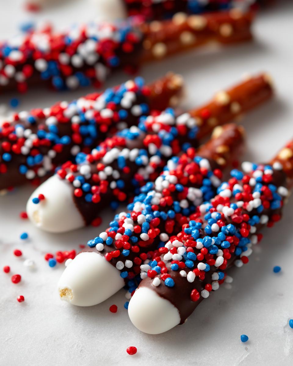Close-up of chocolate-dipped pretzels with red, white, and blue sprinkles, perfect for Fourth of July desserts.