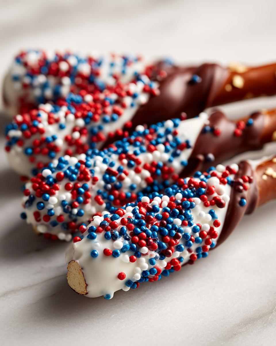Close-up of festive pretzel treats decorated with white chocolate and red, white, and blue sprinkles for Fourth of July desserts.