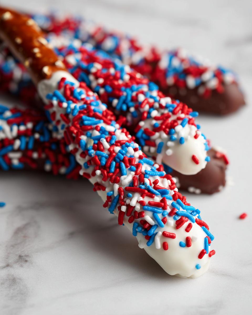 Close-up of festive pretzel treats decorated with white chocolate and red, white, and blue sprinkles for Fourth of July desserts.