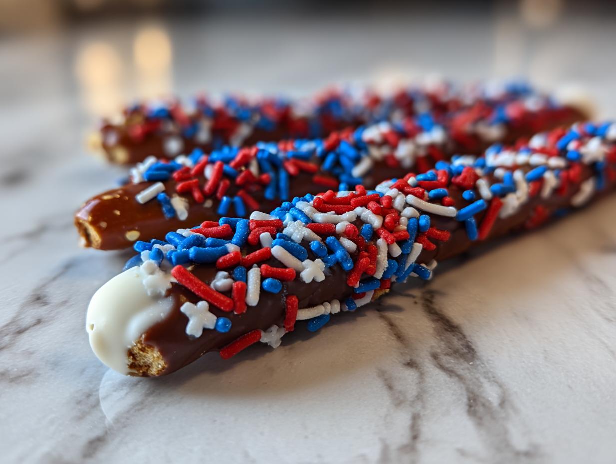 Close-up of chocolate-covered pretzel rods with red, white, and blue sprinkles, perfect for Fourth of July desserts.