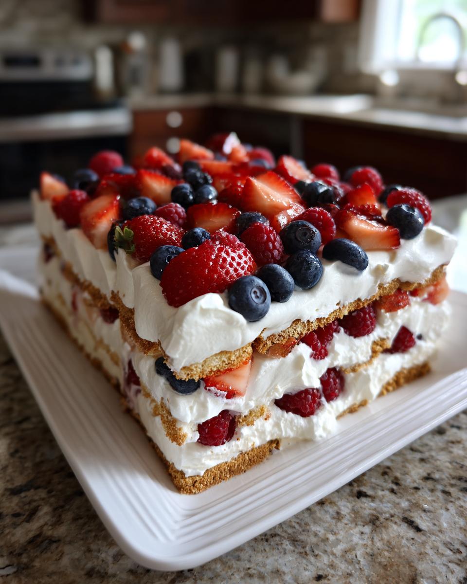 A layered icebox cake with red, white, and blue berries and whipped cream, perfect for Fourth of July desserts.