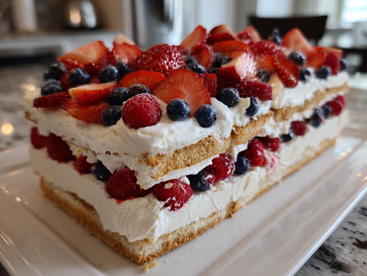 A festive Fourth of July dessert featuring a red, white, and blue icebox cake layered with whipped cream and fresh berries.