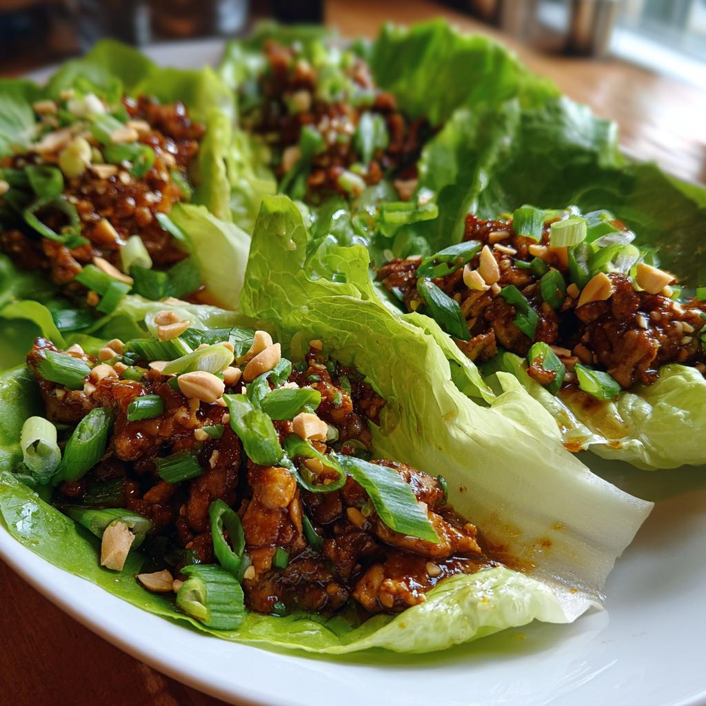 Close-up of fresh chicken lettuce wraps, topped with chopped peanuts and green onions. A healthy lunch idea.