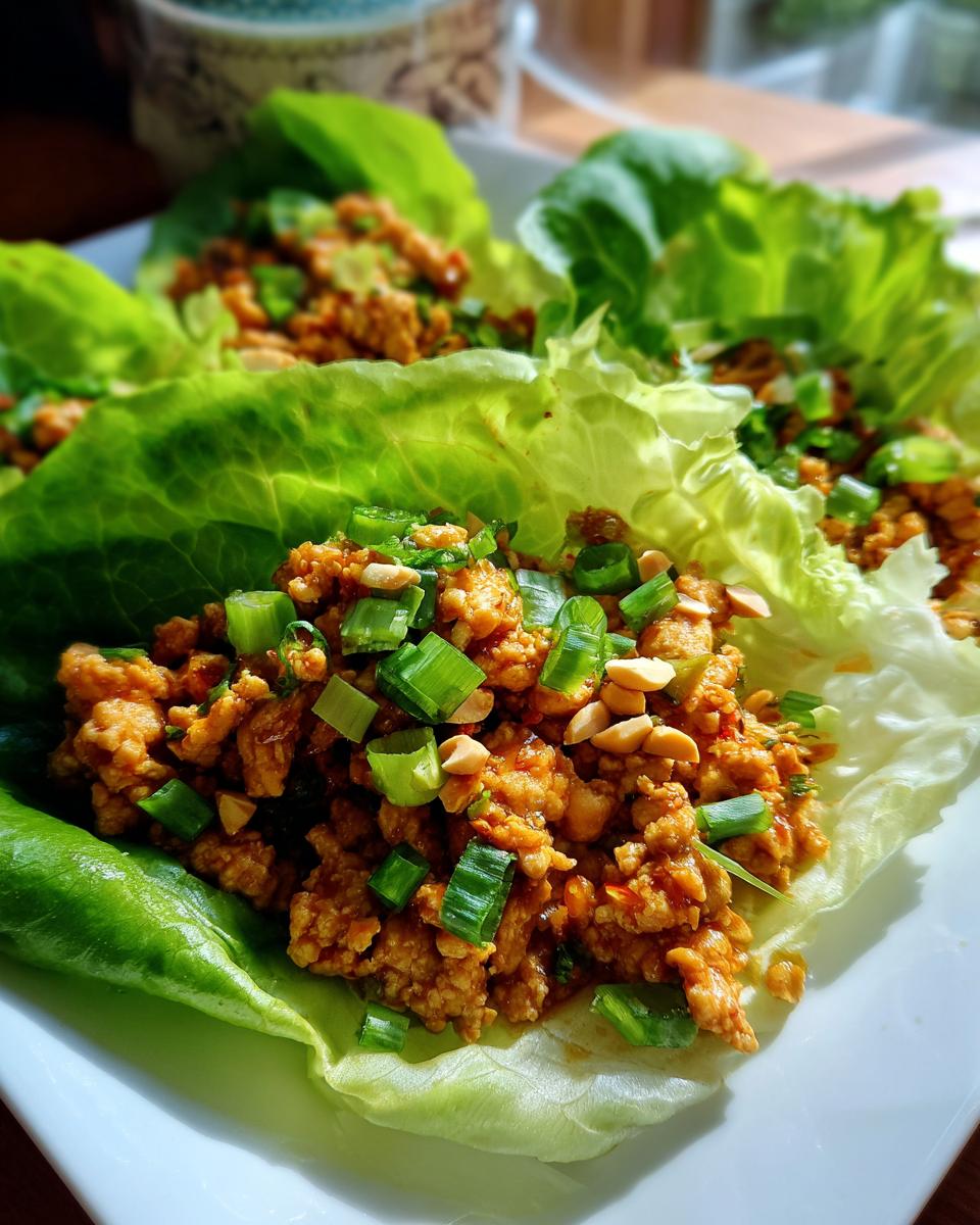 Close-up of fresh chicken lettuce wraps filled with savory ground chicken, topped with chopped peanuts and green onions.