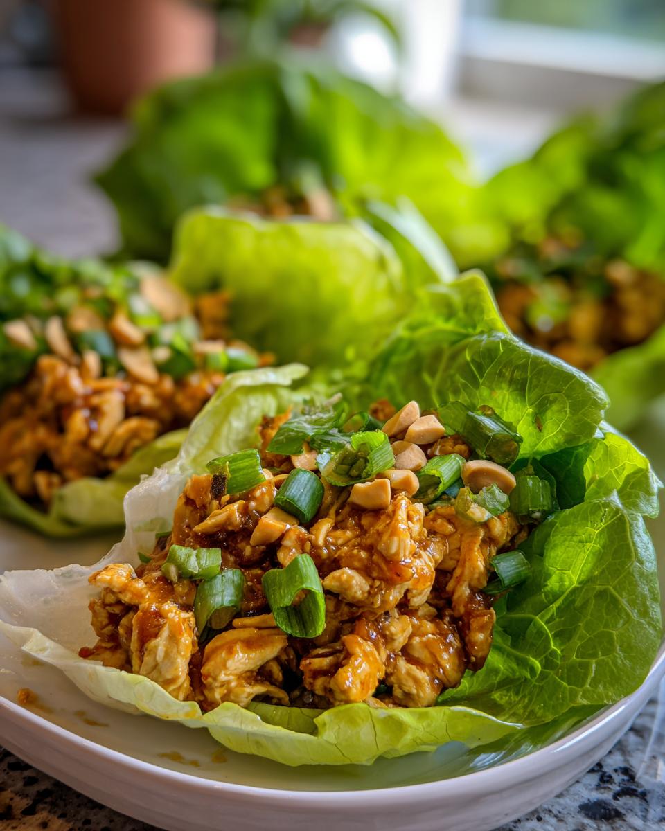 Close-up of fresh chicken lettuce wraps filled with seasoned chicken and topped with chopped peanuts and green onions.