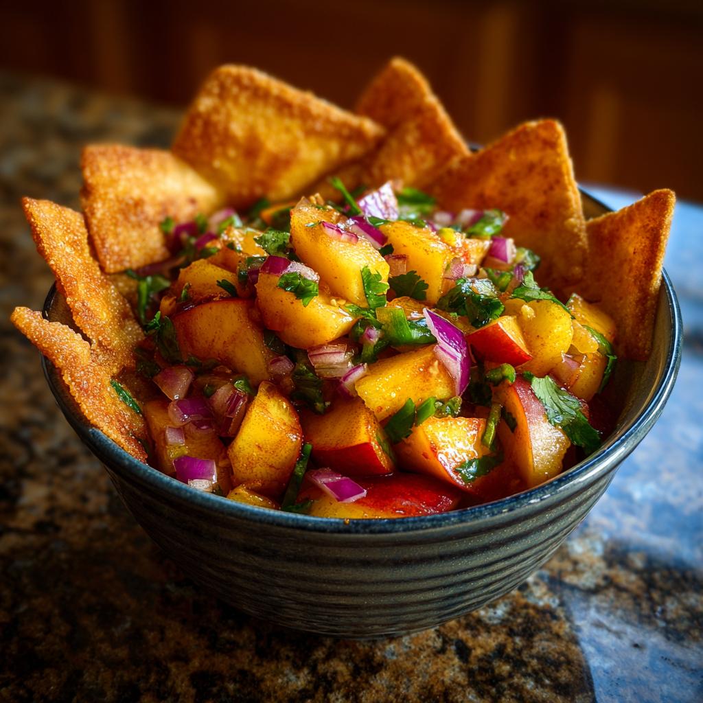 A bowl of fresh peach salsa with diced peaches, red onion, and cilantro, served with cinnamon chips.
