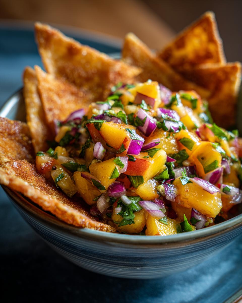 A close-up of fresh peach salsa with diced peaches, red onion, and cilantro, served with cinnamon chips in a bowl.