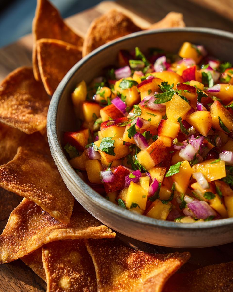 Close-up of a bowl filled with fresh peach salsa, featuring diced peaches, red onion, and cilantro, served with cinnamon chips.