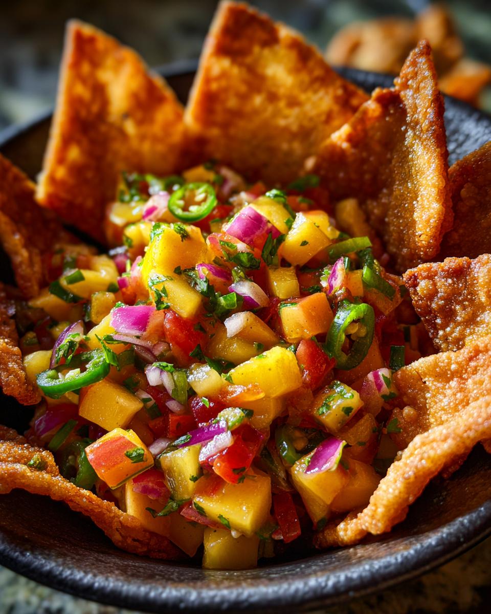 Close-up of a vibrant fresh peach salsa with diced peaches, red onion, jalapeños, and cilantro, served with crispy cinnamon chips.
