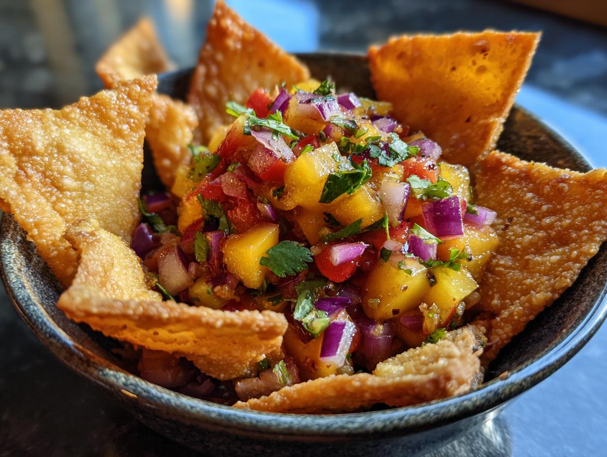 Close-up of fresh peach salsa with diced peaches, red onion, and cilantro, served in a bowl with cinnamon chips.