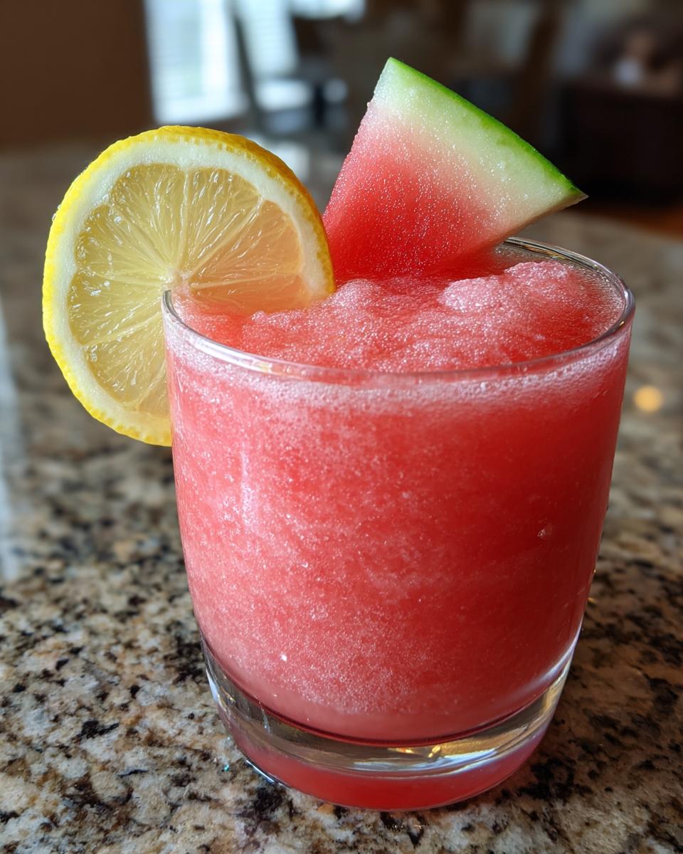 A refreshing frozen watermelon lemonade drink garnished with a lemon slice and watermelon wedge.