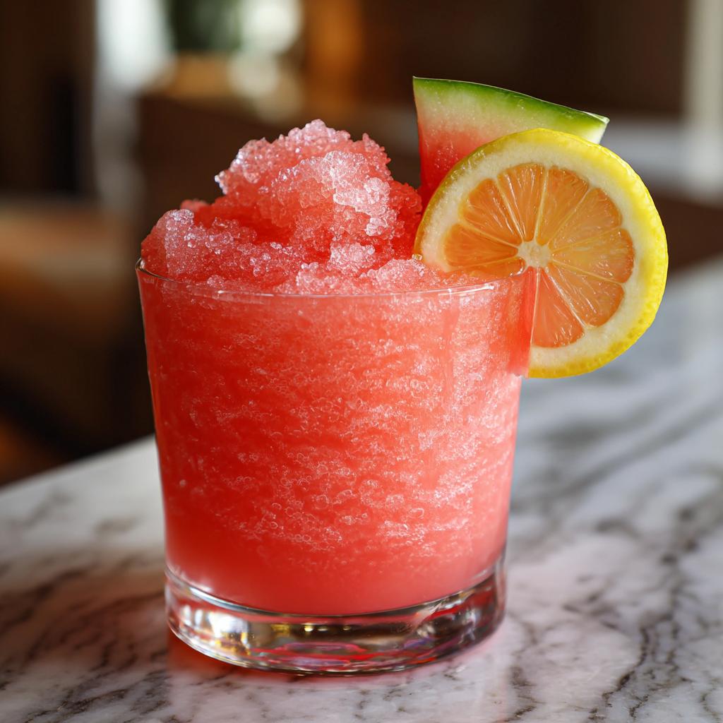 A refreshing frozen watermelon lemonade drink in a glass, garnished with a slice of lemon and watermelon.