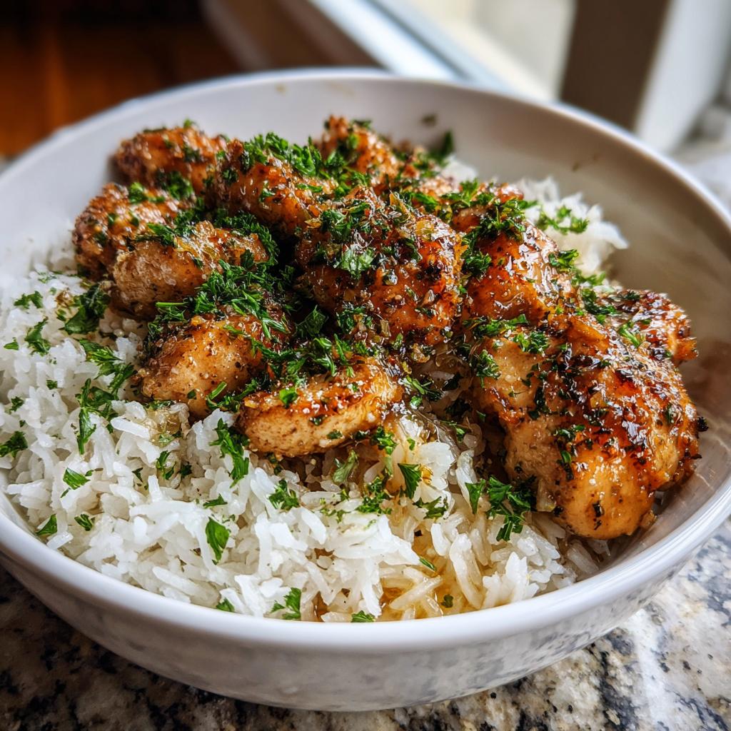 A bowl of white rice topped with tender pieces of garlic butter chicken and fresh parsley, showcasing an easy dinner recipe.