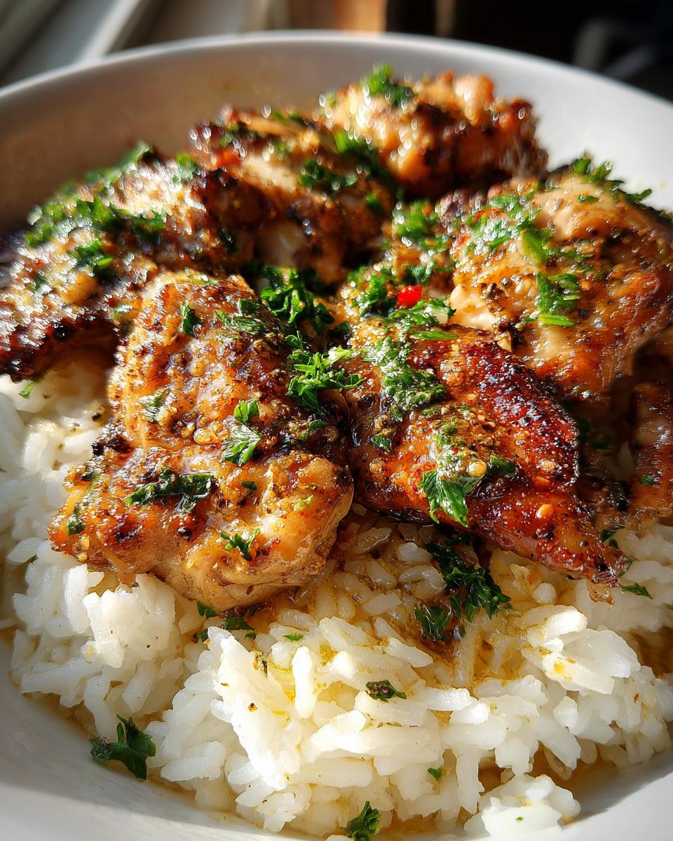 Close-up of tender garlic butter chicken pieces served over fluffy white rice, garnished with fresh parsley.